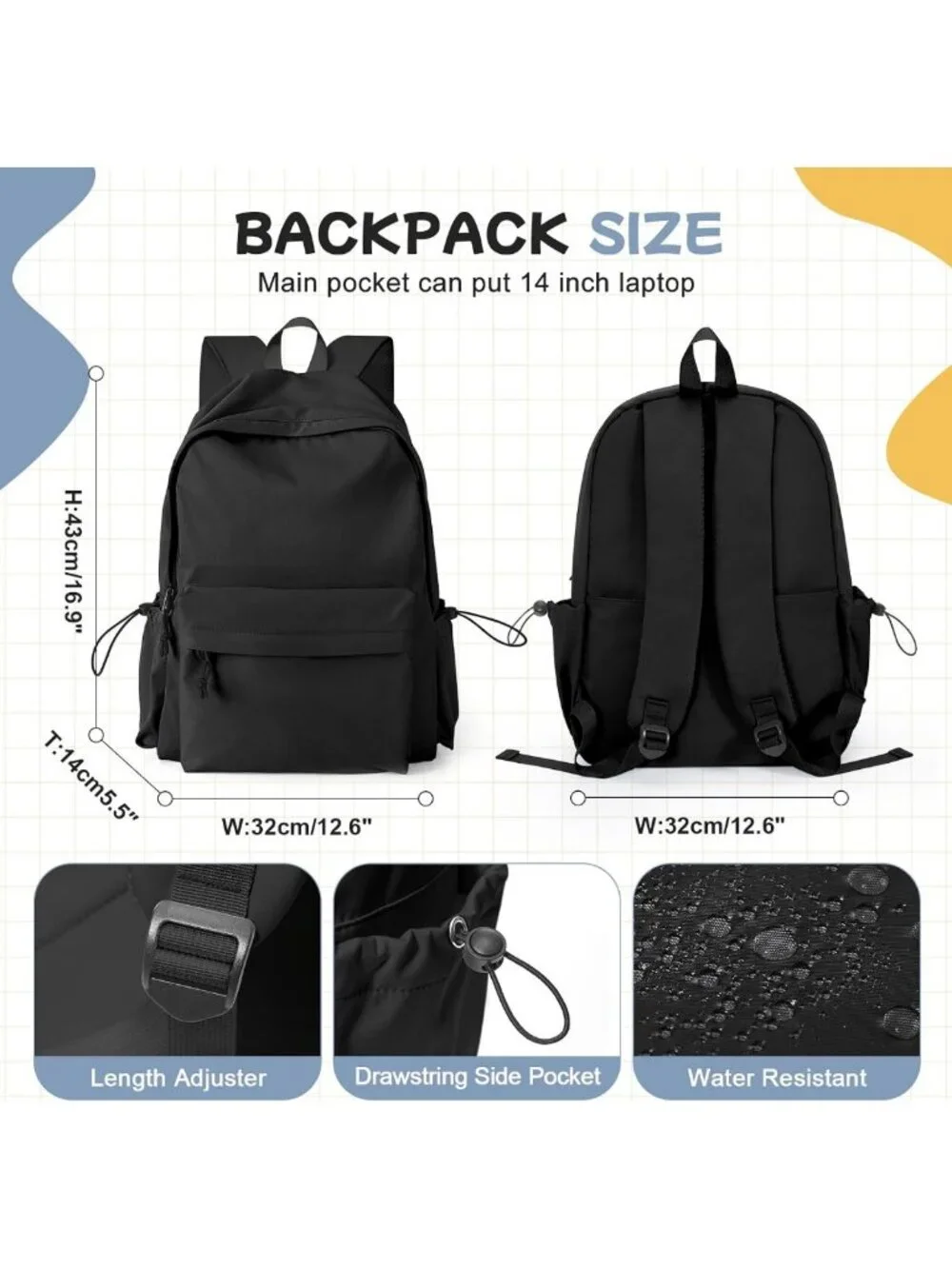 Stylish Waterproof Black Backpack for Girls & Boys - Lightweight School Daypack